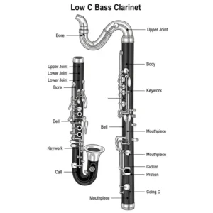 Illustration depicting a low C bass clarinet being played in an orchestral setting, showcasing its role in providing a deep harmonic foundation.