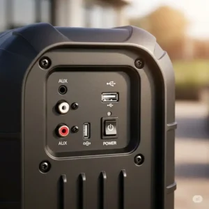 Rear view of an outdoor bass speaker highlighting various connectivity options like AUX input and USB charging ports.