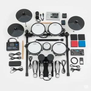 A disassembled double bass electronic drum set, showcasing its compact nature and ease of transport for gigs or storage.