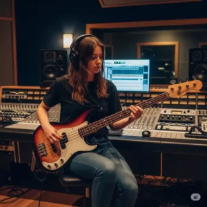 Musician recording in a professional studio with a Reverend bass, demonstrating its clear tone and recording-friendly qualities.