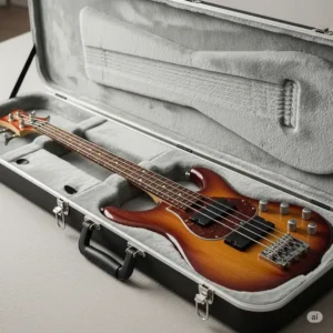 A Schecter Diamond Series bass securely packed in its hard case, ready for transport to a gig or recording session.