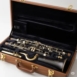 An open, velvet-lined case revealing a disassembled Selmer bass clarinet, ready for transport or storage.