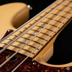 Close-up of the fretboard and inlays on a Squier J Bass, highlighting the craftsmanship and smooth playability.