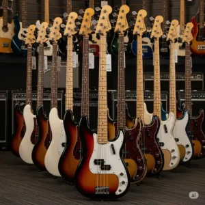 A lineup of Squier Precision Bass guitars, featuring the distinctive Squier Pete Wentz Signature Precision Bass model among them.