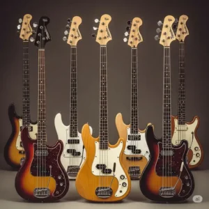A collection of various vintage Teisco bass models, showcasing the diverse range and historical significance of these guitars.