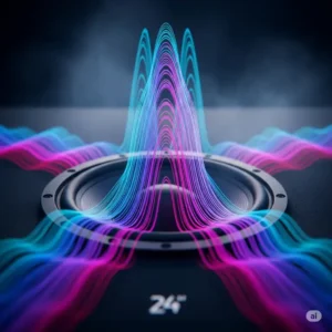 "Visual representation of sound waves emanating from a 24 inch bass speaker, emphasizing its low-frequency performance."