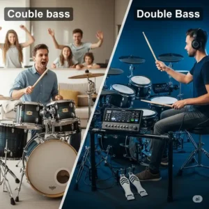 A visual comparison highlighting the advantages of a double bass electronic drum set over an acoustic kit, such as quiet practice and diverse sound options.