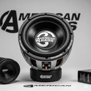 The distinctive logo and branding of American Bass, prominently displayed on a high-quality subwoofer, signifying premium car audio components.