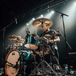 Bass drum mic stand in action during a live music performance, effectively capturing the low-end frequencies of the kick drum on stage.