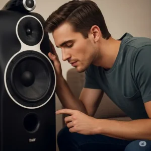 "A person enjoying rich, deep sound, emphasizing the high-fidelity listening experience. b&w bass speaker."