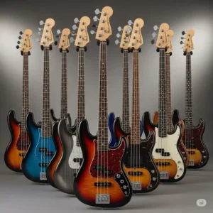  A diverse collection of Cort bass guitars displayed together, illustrating the wide variety of models, body types, and finishes offered by Cort.