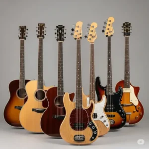 An image showcasing a variety of bass and acoustic guitar from different brands and styles, for comparison.