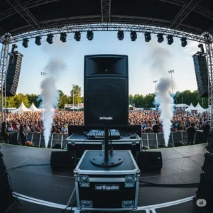 Image of an earthquake bass speakers being used in an outdoor event setting, providing powerful audio for a large audience.
