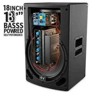 A self-powered 18-inch ev bass speakers 18, showcasing its built-in amplifier for convenient plug-and-play audio solutions.