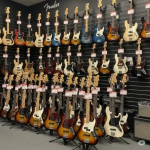 Collection of Fender bass guitars displayed in a music store, showcasing the wide range of Fender basses available for sale.