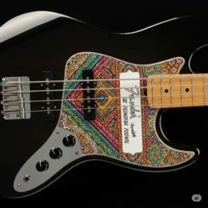 "Unique custom-made Fender Jazz Bass pickguard with a personalized design."