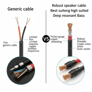 Visual comparison illustrating the difference between a generic cable and a speaker cable best suited for deep, resonant bass.