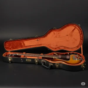  Gibson RD bass guitar resting securely in its original hard-shell case, emphasizing its protection and collectibility.