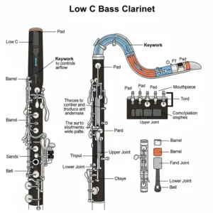 Annotated diagram of a low C bass clarinet, labeling its various parts and components for educational purposes.
