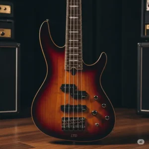An LTD M Series bass guitar, designed for powerful low-end sound and comfortable playability.