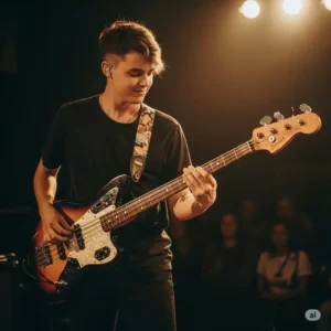 A musician playing a Squier Modified Jaguar Bass on stage, demonstrating its playability and stage presence.
