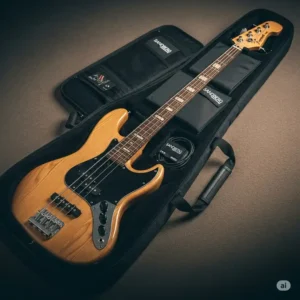 A Sandberg California bass guitar safely secured in a premium padded gig bag, ready for transport to gigs or practice sessions. Protect your sandberg bass california.