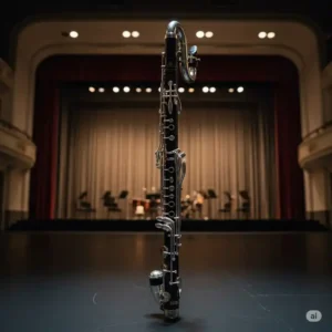 A Selmer bass clarinet standing on a concert stage, subtly lit, suggesting its role in musical performances.