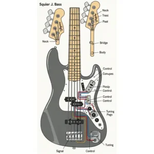Diagram illustrating the key components of a Squier J Bass, such as the bridge, neck, and controls, for educational purposes.