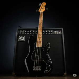 Squier Pete Wentz Signature Precision Bass paired with a bass amplifier, ready for practice or performance.