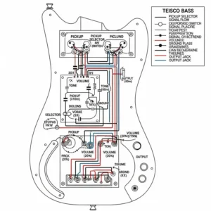 Schematic diagram of the internal electronics of a Teisco bass, useful for repairs or custom modifications.