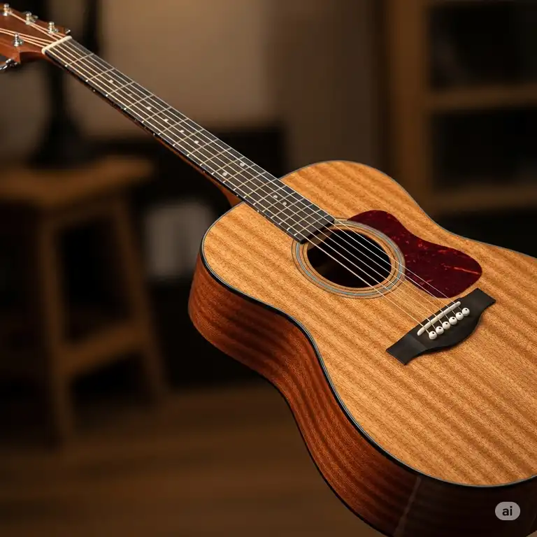 A beautiful photo of a $300 wooden acoustic guitar with a mahogany finish.