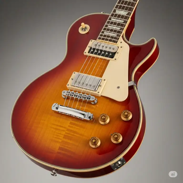 A stunning, close-up shot of a classic 6 string electric guitar, showcasing its glossy finish and sleek design, perfect for a musician ready to rock.