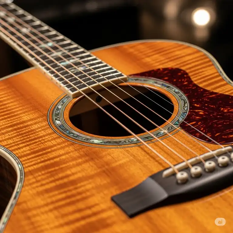 A close-up of a beautifully crafted acoustic steel guitar, showcasing its wood grain and metal strings, ready for a performance.