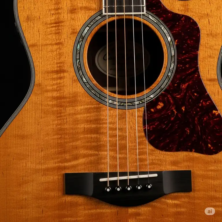 Full-body shot of a carlo robelli acoustic guitar, dreadnought model, in a natural wood finish, propped against a neutral background.