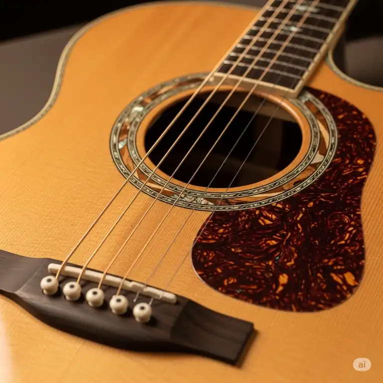 a close-up shot of a stunning cort acoustic guitar with a natural wood finish, showcasing its intricate details and craftsmanship.
