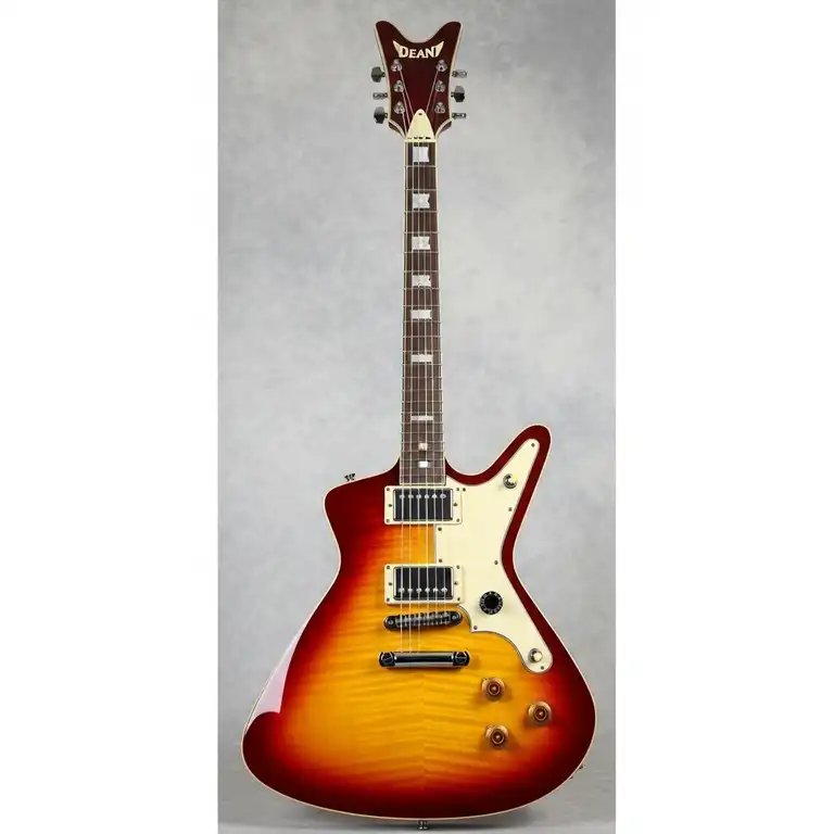 A full-body shot of a vintage-style Dean Cadillac electric guitar with a classic sunburst finish, showcasing its unique body shape and iconic headstock.