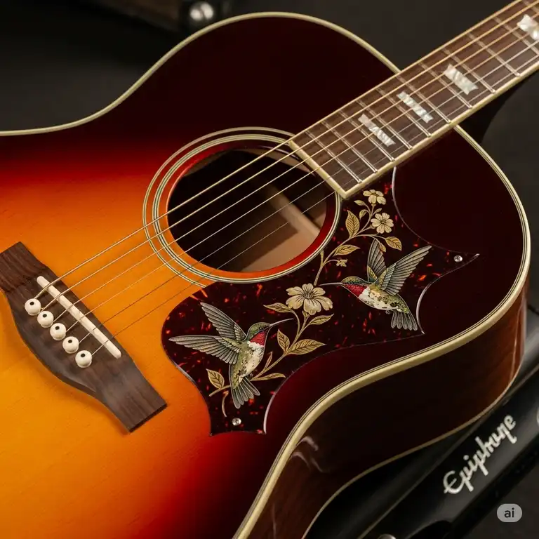 A close-up shot of the epiphone hummingbird pro acoustic electric guitar, showcasing its classic cherry sunburst finish and the iconic hummingbird pickguard design.
