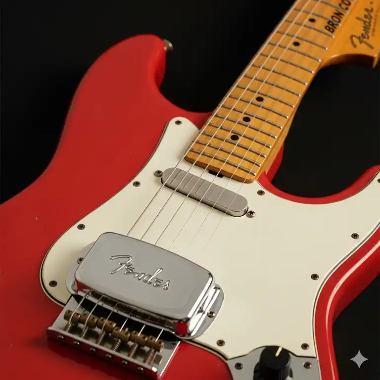 A close-up shot of a vintage Fender Bronco electric guitar with a sleek, minimalist design, showcasing its distinctive pickup and classic headstock.