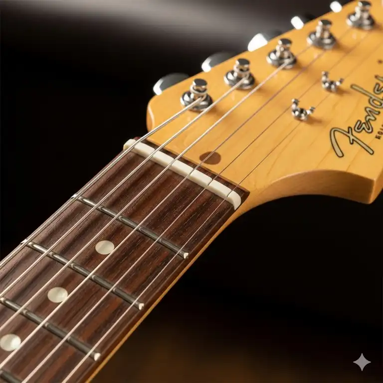 A close-up, high-quality photograph of a beautiful maple Fender Stratocaster guitar neck with a rosewood fretboard.