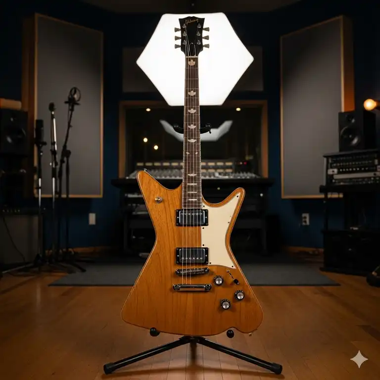 A full-body shot of a vintage 1982 Gibson Moderne guitar with a natural finish, displayed on a stand in a music studio.