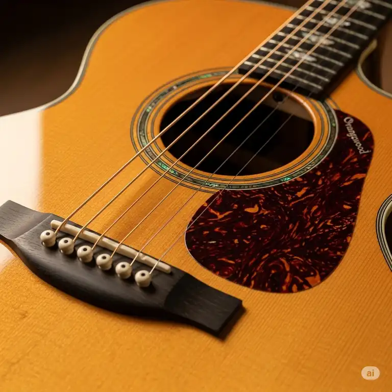A beautiful close-up shot of an Orangewood guitar, highlighting its smooth wooden finish and detailed craftsmanship.