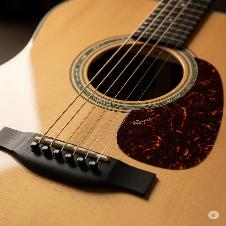 A close-up shot of a rogue acoustic guitar, highlighting its natural finish and detailed soundhole rosette.