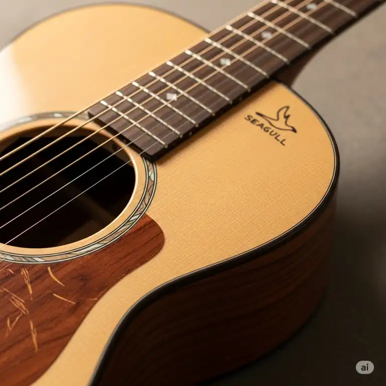 A beautiful close-up of a Seagull acoustic guitar showcasing its craftsmanship and natural wood finish.