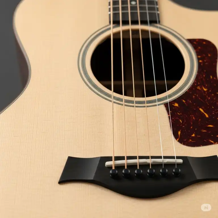 A beautiful close-up of the Taylor 110e acoustic-electric guitar, highlighting its smooth spruce top and natural wood finish.