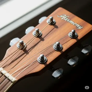 Close-up of the smooth wooden headstock of a $300 guitar with chrome tuning pegs.