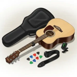 An illustration of the best budget acoustic guitar starter kit, which includes a gig bag, tuner, and picks.