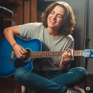 A young musician passionately playing a blue acoustic guitar, the vibrant color of the instrument contrasting with their casual outfit. The image captures the joy and emotion of playing music.