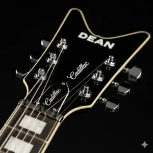 Close-up of the distinctive V-shaped headstock on a Dean Cadillac guitar.