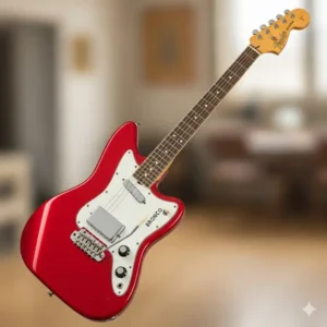 A full-body image of a classic red Fender Bronco guitar, highlighting its compact offset body shape and single-coil pickup configuration.