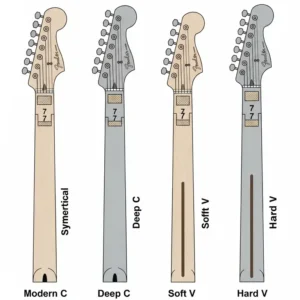 An illustration showing the different neck profiles available on a Fender Stratocaster guitar neck, including C-shaped and V-shaped profiles.